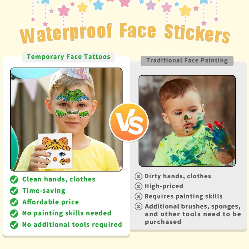 Partywind Glitter Temporary Face Tattoos for Kids, 24 Styles Face