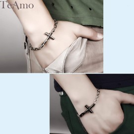 Cupimatch 2 x Couple Bracelets, Curb Bracelet with Love Engraving Cubic Zirconia Curb Chain Cross Friendship Bracelet Valentine's Day Women Men Bangle Gift Silver Black Rose Gold, Stainless Steel,