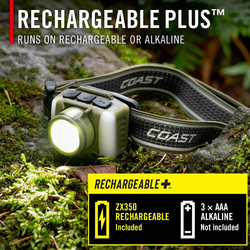Coast FL95R 1250 Lumen Rechargeable Plus LED Headlamp with Green,