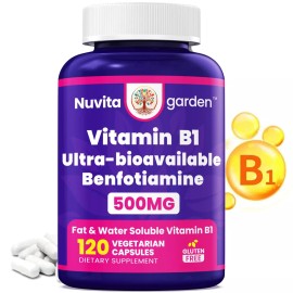 Vitamin B1 (Thiamine) 500mg – High Potency Nerve & Energy Support – 120 Vegetarian Capsules | Gluten-Free, Non-GMO | Supports Metabolism, Nervous System & Cardiovascular Health | Clean, Plant-Based Formula