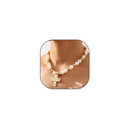 Cross Necklace for Women Chunky 14K Gold Pearl Cross Beaded Pendant Necklace Adjustable Vintage Pearl Ball Choker Necklace Birthday Jewelry Presents (Gold)