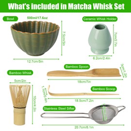 hzuisst Matcha Whisk Set, 6Pcs Matcha Set with 100-Tine Bamboo Matcha Whisk, 17.6oz Ceramic Matcha Bowl, Scoop, Spoon, Whisk Holder, Sifter, Matcha Kit Tea Ceremony Accessory for Making Matcha