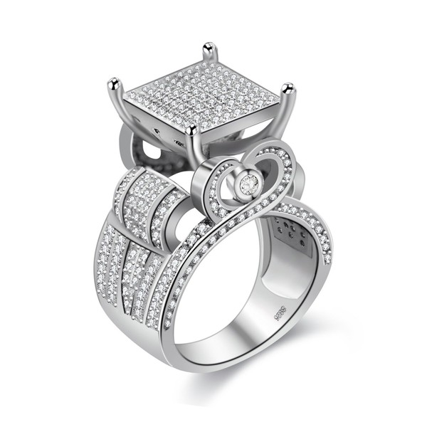 Uloveido Rhodium überzogene Cluster-Statement-Ringe mit Pave-Set Lab Diamond Wide Square