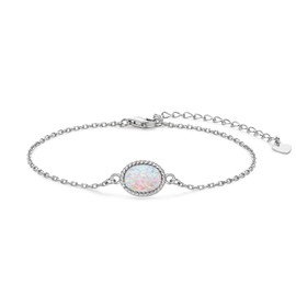 YUNKAI 925 Sterling Silver Bracelet for Women, Round Cut 6x8MM Opal Adjustable Opal Bracelet White Gold Plated, Jewelry Gifts for Her Birthday Christmas Mothers Day, Sterling Silver , Opal