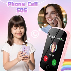 PTHTECHUS® teléfono Celular para niños y niñas Juguetes con Llamadas, cámara Juegos música audiolibros Video Despertador Tablero de Dibujo Pantalla táctil para niños Regalo de cumpleaños 4-12 Rosa