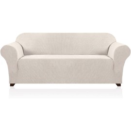 PrinceDeco Stretch Sofa Cover Slipcover Couch Covers for 3 Cushion Couch Furniture Protector Sofa Covers with Non Slip Elastic Bottom Dogs Pet Friendly Fitted (Sofa, Ivory)