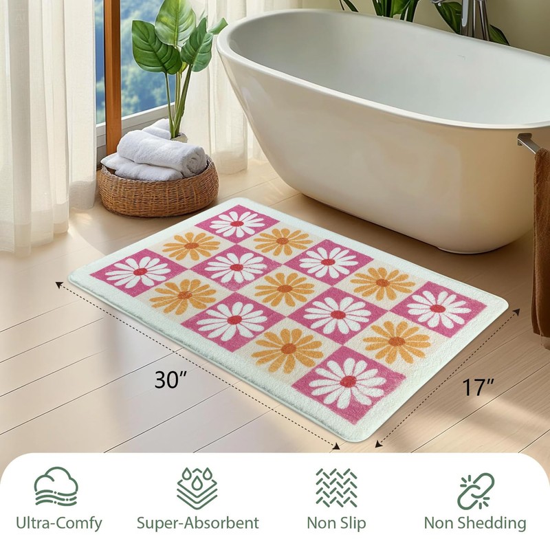 yueyaer Checkered Floral Bathroom Rug, Ultra Soft and Fluffy Microfiber