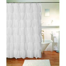 Decotex 1 Piece Gypsy Ruffle Crushed Sheer Voile Shabby Chic Bathroom Fabric Shower Curtain Panel (70" X 72", White)