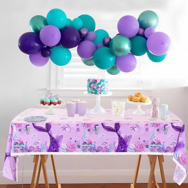 Mermaid Tablecloth - 3PCs, Purple w/ Mermaid Design - Birthday/Baby