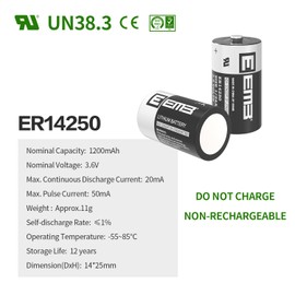 EEMB ER14250 Battery 1/2AA 3.6V Lithium Battery Li-SOCL₂ Non-Rechargeable XL-050F SB-AA02 LS14250 for Dog Collar Meter Sensor Movement Monitor/Home Security System/Alarm System