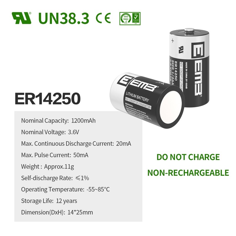 EEMB ER14250 Battery 1/2AA 3.6V Lithium Battery Li-SOCL₂ Non-Rechargeable XL-050F