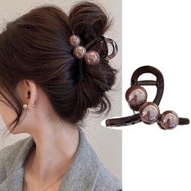 Pearl Hair Claw Clips Elegant Acrylic Hair Clips Nonslip Transparent Brown Hair Jaw Clip with Brown Champagne Color Pearls Cute Strong Hold Hair Accessories for Thick or Thin Hair Styling Decoration