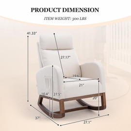 MOONMISS Rocking Chair Nursery, Glider Chair with High Back and Side Pocket, Solid Wood Frame Armchair with Non-Slip Padding for Nursery, Living Room, Bedroom(Beige)