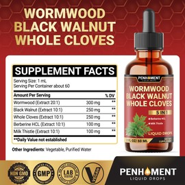 5in1 Wormwood Liquid Drops - Black Walnut Cloves Extract, Berberine, Milk Thistle - 2 Fl oz - 60 Days Supply