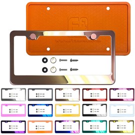 Silicone Back Guard License Plate Frame Rose Gold Mirror Chrome Electroplating Universal Fit Aluminum Screw On Cap Cover, T304 Stainless Steel, Rust Proof Weather Proof (Qty: 1 Frame)
