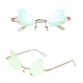 YOJUED Butterfly Sunglasses with Dragonfly Wings Irregular Glasses for Women Girls, Mirrored Green