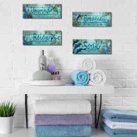 Underwater World Wooden Sign 4 Pieces Ocean Bathroom Decor Relax Soak Unwind Breathe Wall Decor Tropical Fish Wood Plaque Coral Reef Artwork Shark Dolphin Wall Art Kitchen Home Decor (Teal Blue)