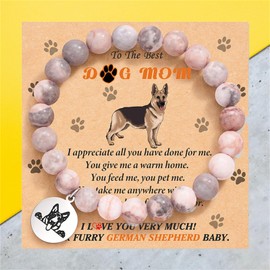 Dog Mom Gifts for Women Dog Gifts for Dogs Lovers Natural Stone Bracelet Pink Crystal Beaded Bracelet Trendy Dog Charm Bracelets Mom Jewelry Gifts for Women