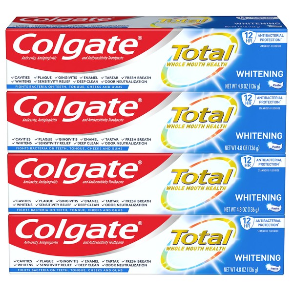 Colgate Total Teeth Whitening Toothpaste, 10 Benefits Including Sensitivity Relief ,Whitening Mint, 4.8 oz ( Pack of 4 )