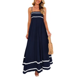 PRETTYGARDEN Women's 2025 Summer Flowy Maxi Dress Casual Sleeveless Spaghetti Strap Ruffle Beach Long Dresses (Dark Blue,Medium)