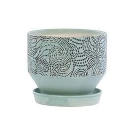Napco Imports Embossed Dot Floral Design Ceramic 4.75 x 5 Inch Mint Green Indoor Standing Planter Pot with Drain Hole and Attached Saucer