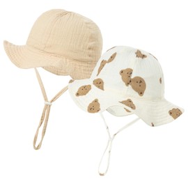 AIEOE Baby Hat, Girls, Boys, Baby Hat, Newborn, Sun Hat, Wide Brim, Set of 2, 100% Cotton, Baby Sun Hat, Kids Bucket Hat, Adjustable Drawstring, UV Protection, Breathable, For Outings, Traveling, Set