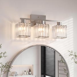 TimberAura Crystal Bathroom Light Fixtures, 3-Light Brushed Nickel, Vanity Lights for Bathroom Over Mirror, Modern Bath Wall Sconce for Mirror Bedroom Living Room