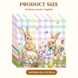 CharmBurst Pack of 40 colourful chequered Easter napkins, Easter bunny decoration, Easter party decoration, napkins with Easter bunny motif, Easter egg napkins