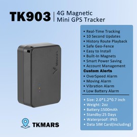 TKMARS 4G GPS Finder Mini TK903, Real Time Tracker via App (Subscription Required), GPS Transmitter, Car Tracker, No SIM Required, Magnetic Tracking Device, Multiple Alarms, 10S Update Interval