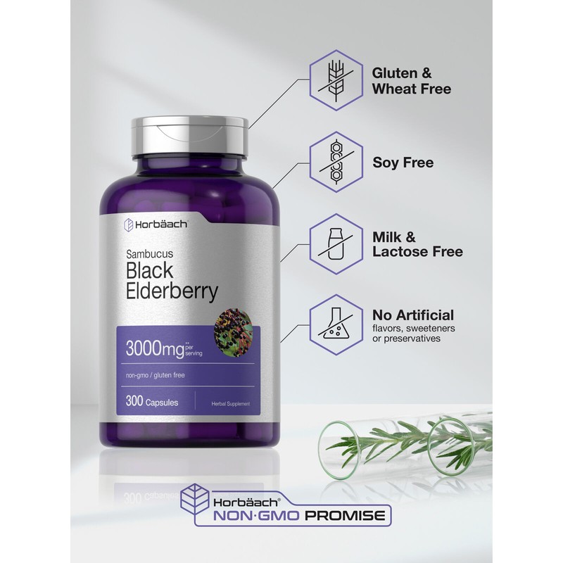 Horbäach Black Elderberry Capsules 3000mg | 300 Count | Sambucus