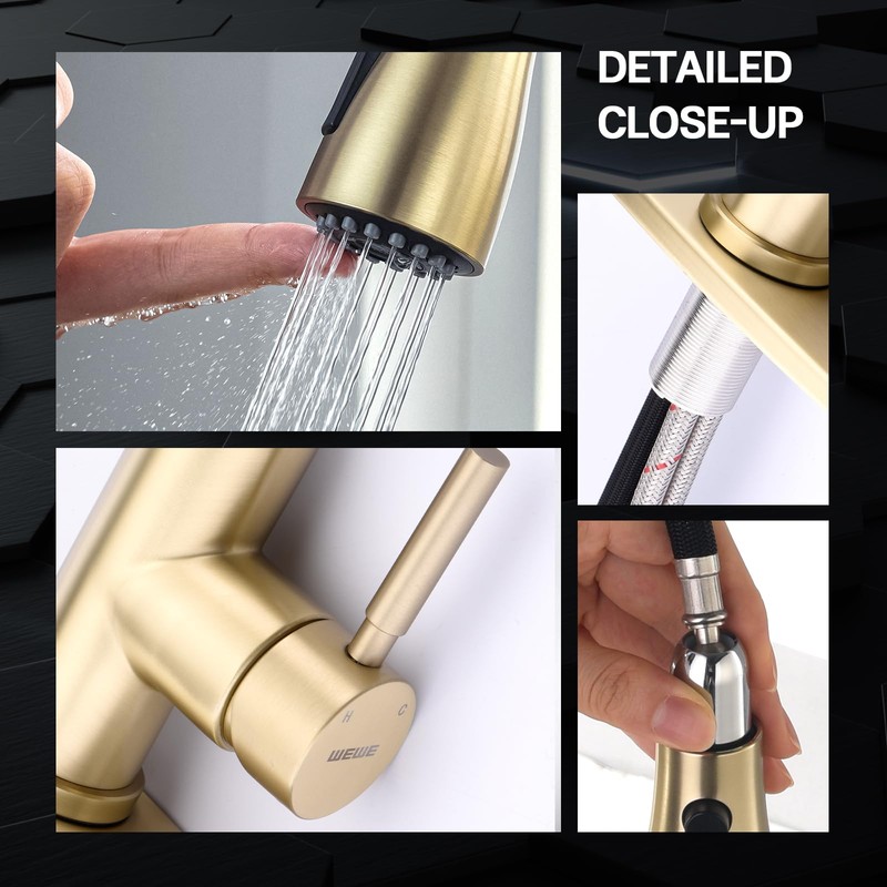 WEWE Gold Kitchen Faucet with Pull Down Sprayer, Single Handle
