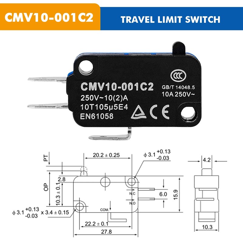 DewinLVD 10 x Micro Switch Travel Limit Switch Self-Reset 3-pin