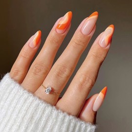 BABALAL Almond Press on Nails Medium Fake Nails Orange Swirl Glue on Nails Glossy Acrylic Nails 24Pcs Summer Stiletto Nails for Women and Girls
