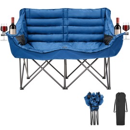 Double Camping Chair for Adults, 2 Person Loveseat Camping Chair with Cup & Wine Glass Holder, Portable Padded Double Folding Lawn Chair for Outdoor Camp Picnic Sports, Support 600LBS (Blue)