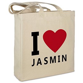 Stofftasche mit Namen Jasmin - Motiv I Love - Farbe beige - Stoffbeutel, Jutebeutel, Einkaufstasche, Beutel