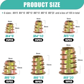 Taiss 100PCS Threaded Inserts Nuts,6 Sizes Wood Threaded Insert Kit,Furniture Screw in Nut Wood Inserts M4/M5/M6/M8 Threaded Inserts for Wood,Hex Socket Drive Screw Inserts for Wood Furniture,Cabinet