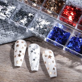 4th of July Nail Glitter Red Blue Sliver Star Nail Sequins for Nail Art Decorations Independence Day Nail Supplies Sparkly Holographic 3D Nail Flakes Confetti for Women Girls Face Body Nail Decoration