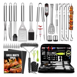 Grill Accessories Grilling Gifts for Men, 34Pcs 16 Inches Heavy Duty BBQ Accessories, Grill Mats for Backyard, Stainless Steel Grill Tools with Thermometer,Luxury BBQ Set for Men Women