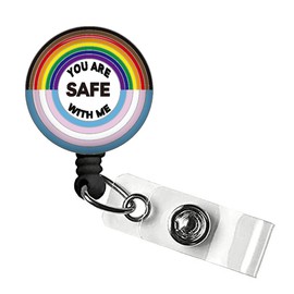 Jevzify You are Safe with Me Retractable Badge Reel, Cute Rainbow Pride Name Badge Holder Clip, ID Tag Key Card for Social Work Nurse Teacher