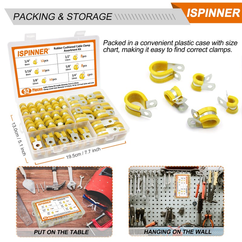 ISPINNER 52pcs Cable Clamps Assortment Kit, 304 Stainless Steel Rubber