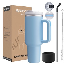 MURRICON - Vaso de 40 onzas con mango y pajita, vaso reutilizable con tapa, taza de viaje aislada de acero inoxidable, para café y bebidas (Chambray)