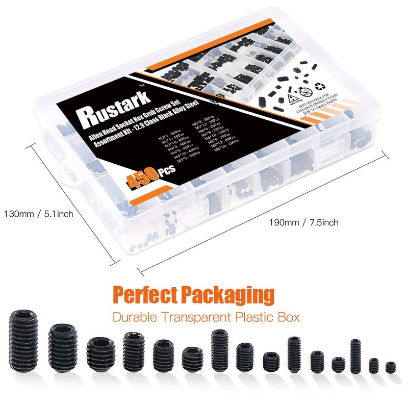Rustark 450Pcs M3/M4/M5/M6/M8 Allen Head Socket Hex Grub Screw Set
