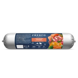 Fresco Dog Barf Wurst Complete-Menü Lachs und Rind mit Karotte | 400 g | Futtermittel für Hunde mit Lachs und Rind mit Karotte | Kann dabei helfen Hunde optimal zu versorgen
