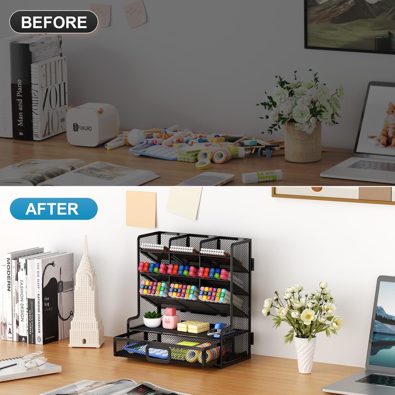 Marbrasse Larger Mesh Desk Organizer with Drawer, Multi-Functional Pen Pencil