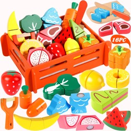 ENCOUN Children's Kitchen Accessories Wood, Play Kitchen Accessories, Kitchen Toy Wood with Velcro Connection, Montessori Toy from 1 2 3 Years, Wooden Toy Kitchen for Educational Toy Role Play Gift