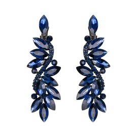 BriLove Women's Wedding Bridal Crystal Multi Marquise Filigree Flower Sapphire Color Chandelier Dangle Clip-On Earrings Navy Blue Black-Silver-Tone