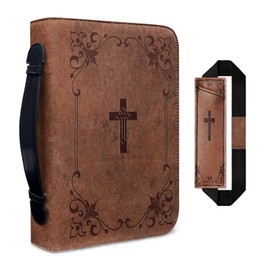 FOR U DESIGNS Christian Bible Bags for Men with Handle, Leather Bible Carrying Case with Notebook Pen Holder, Classic Bible Protective Church Bags, Extra Large, Cross Print, Brown
