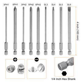 HARFINGTON 12pcs Slotted Phillips Screwdriver Bit SL3/4/5/6 PH1(3.0/6.0) PH2(3.0/5.0/6.0) S2 Steel 1/4" Hex Shank 4" Length Magnetic Flat Cross Head Power Drill Bits