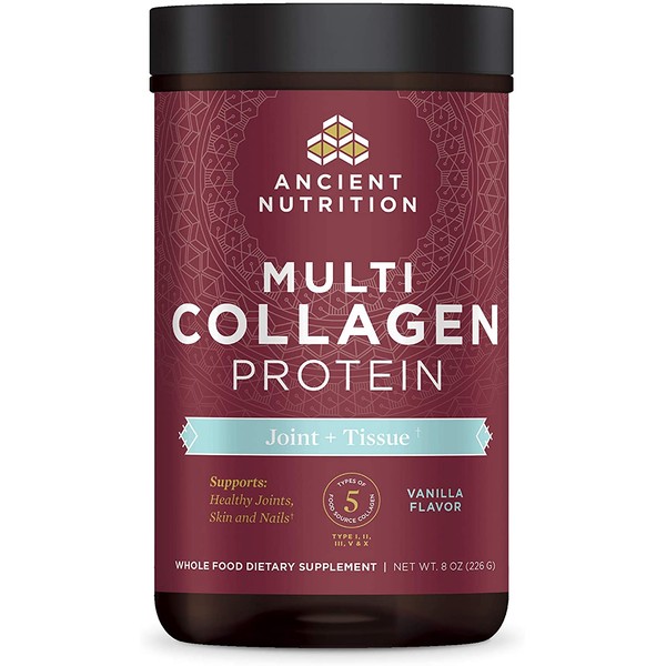 Ancient Nutrition Multi Collagen Protein Powder, Joint + Tissue, Vanilla Flavor, 5 Types of Food Sourced Collagen Peptides, Supports Joints, Skin, Nails and Gut, Made Without Dairy or Gluten, 8oz