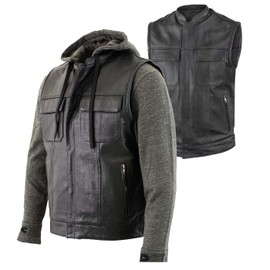 Milwaukee Leather LKM3785 Men's 2 in 1 Classic Black Premium Leather Motorcycle Hoodie Jacket w/Convertible Vest - X-Large